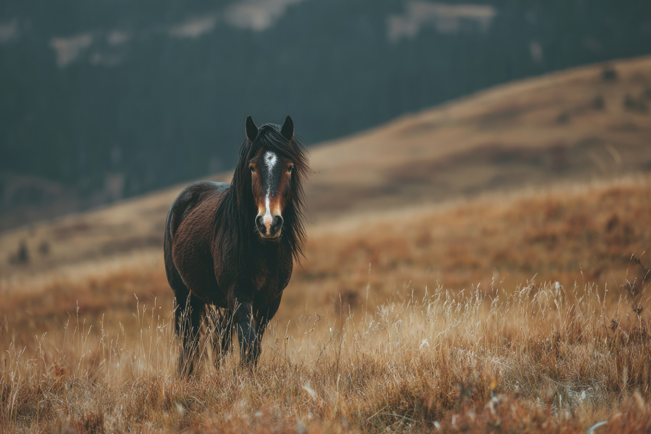 Majestic horse stands calmly in a vast open field with natural landscape American Mustang in the wild photo