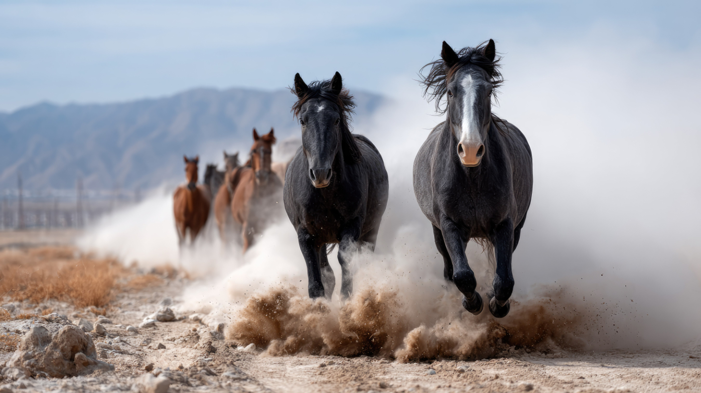 Horses Running Through Dusty Trail with Mountains in Background mustangs running free in the wild